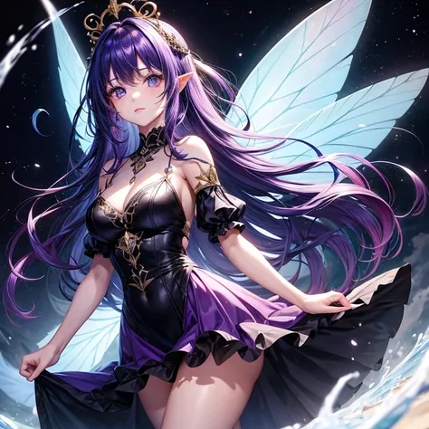 25 year old woman with fairy wings, caderas anchas su cabello es largo ondulado de color morado oscuro, his eyes are black look would be, vestido largo 