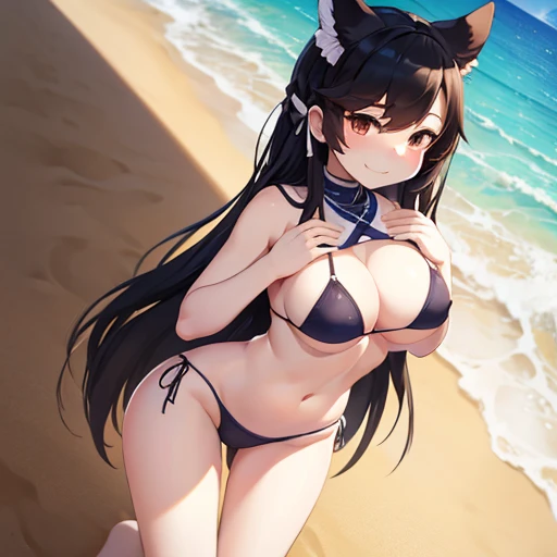 1girl, masterpiece, Atago from Azur Lane, beach, white skimpy micro bikini, full body shown, very young teenager, extremely skinny no fat, devious smiling face, standing, her hands squeezing her breasts, black long hair, small breasts 