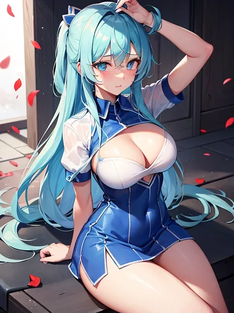 (masterpiece), (best quality),highres, ultra detailed, professional lighting, esdeath, esdeath outfit, front view, tearful eyes, sad, tilted head, looking away, crying, falling petals, whole body, cheeks turning red, depressed look