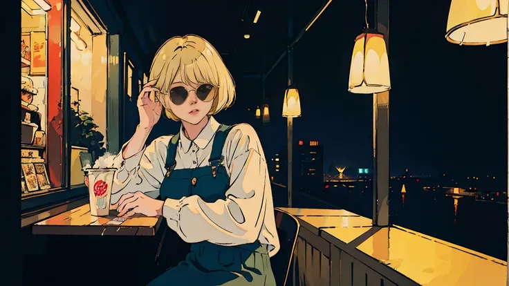 Beautiful blonde Asian girl sitting in a diner at night, visible from the window, perfect face, sunglasses, Smoking white Taylormade cigarettes, neon black, (with backlight: 1.1), hard shadow, masterpiece, highest quality, Complex, model shooting style, vi...