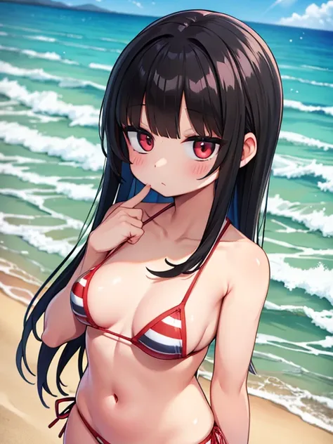 masterpiece , best quality , ultra detailed ,   beautiful Japan tiny bikini teenage girl  ,  breast:1.2 , only bikini , summer , long black hair  , in beach , pov 