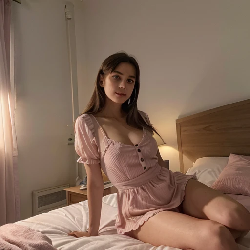 Foto realistica, donna 23 anni, faccia assonnata ma felice, vestito in pigiama di seta rosa, sfondo letto, luce da lampada, chiaro scuro, foto reale