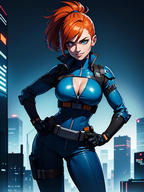 half body portrait, generic 32 year old Cyberpunk Agent, pretty and brave, medium breasts, pale skin, thin and athletic, (Wearing a blue futuristic jumpsuit, utility belt and gun holsters), doing a heroic pose with hands on hips, grin with teeth, cleavage ...