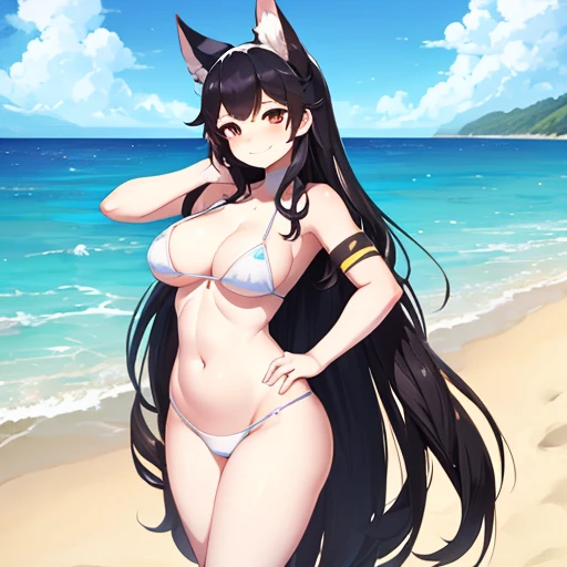 1girl, masterpiece, Atago from Azur Lane, beach, white skimpy micro bikini, full body shown, tall, plump, devious smiling face, sexy standing pose hips to the side, black long hair