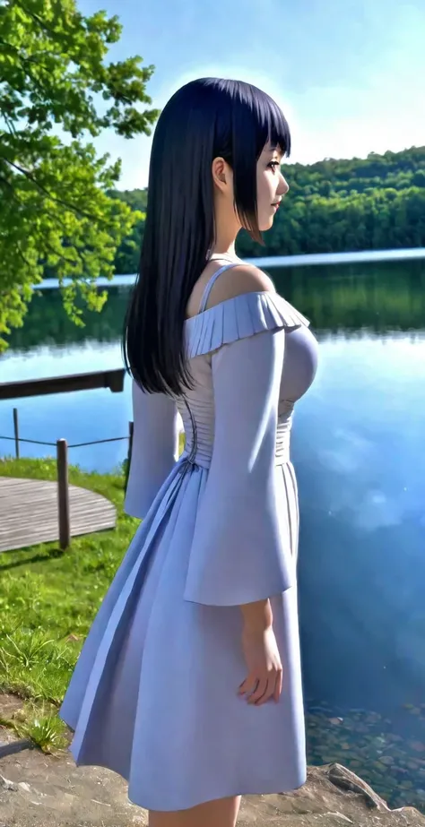 close-up from side, (30 years old adult-Hinata) walk next to lake, big ass, [enchanting, surreal, studio lighting, HDR, UHD, K]