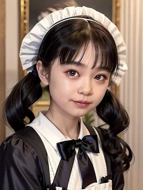 (Ogawa Noriko)、1girl, solo, looking at viewer, smile, bangs, black hair, bow, twintails, closed mouth, upper body, short sleeves, puffy sleeves, indoors, blunt bangs, black eyes, maid, maid headdress, black bow, realistic、precious stone、With background、roy...