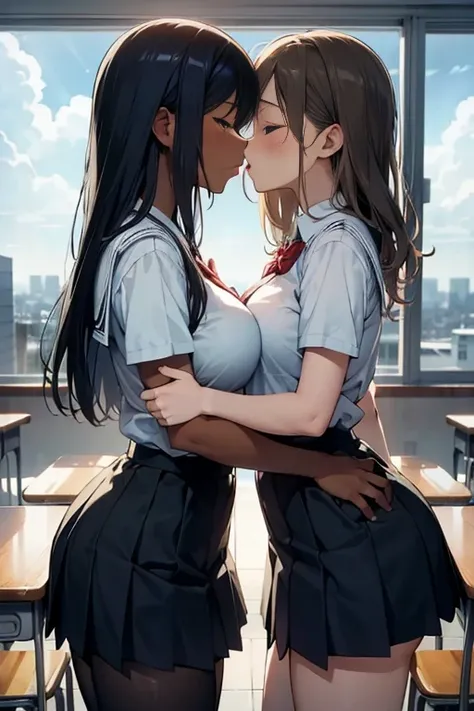 of two gyaru girls, around the age of 16, hugging each other while kissing.  girl are wearing bra. the girls have big ass and big breasts. girls are gyarus. dark skin. girl are wearing thong. skirt. (school uniform),
Both girls are standing in a school cla...