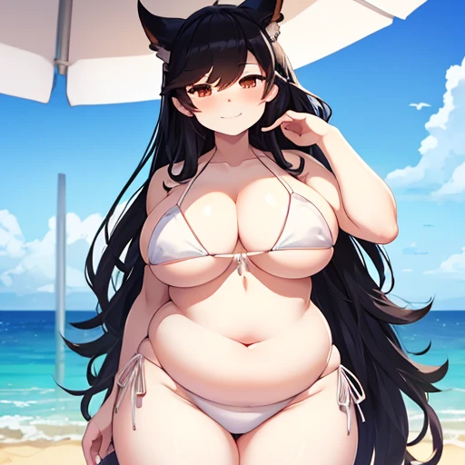 1girl, masterpiece, Atago from Azur Lane, beach, white skimpy micro bikini, full body shown, tall, obese, devious smiling face, sexy standing pose hips to the side, black long hair