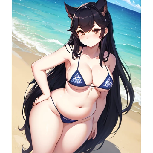 1girl, masterpiece, Atago from Azur Lane, beach, white skimpy micro bikini, full body shown, tall, extremely obese, devious smiling face, sexy standing pose hips to the side, black long hair