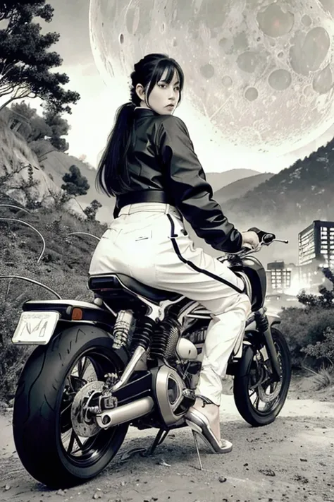 highest quality, masterpiece, photograph, 4k, photographrealistic, very detailed,
A woman riding a bike, tech wear, cyberpunk city, alone, futuristic, huge moon in the background, black and white, by Akira Toriyama, forest、mountain path、close,
