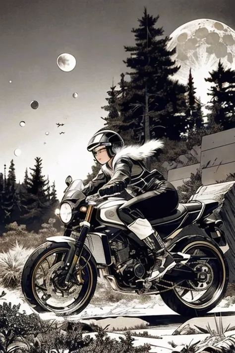 highest quality, masterpiece, photograph, 4k, photographrealistic, very detailed,
A woman riding a bike, tech wear, cyberpunk city, alone, futuristic, huge moon in the background, black and white, by Akira Toriyama, forest、mountain path、close,
