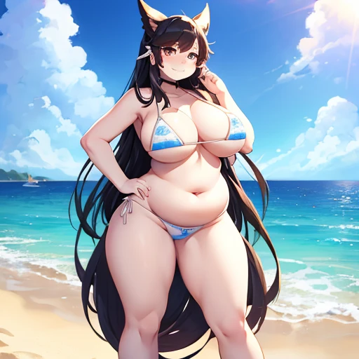 1girl, masterpiece, Atago from Azur Lane, beach, white skimpy micro bikini, full body shown, tall, extremely obese, devious smiling face, sexy standing pose hips to the side, black long hair, love handles 