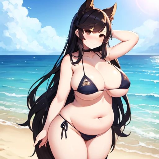 1girl, masterpiece, Atago from Azur Lane, beach, white skimpy micro bikini, full body shown, tall, extremely obese, devious smiling face, sexy standing pose hips to the side, black long hair, love handles, extremely fat belly