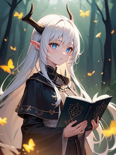 Masterpiece, Best Quality, High Quality, (Long Hair, White Hair), Close up, (glowing light blue eyes), (Darkness:1.2), (Fair Skin), (1Lady, Mythical Creatures, Dark Green Robe) , Solo, Calm, Antlers Deer Horns, (dynamic angle), pointy_ears, magic book, Nat...