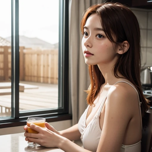 Half-naked 13-year-old redhead girl with freckles on her face sitting in the kitchen having a glass of water