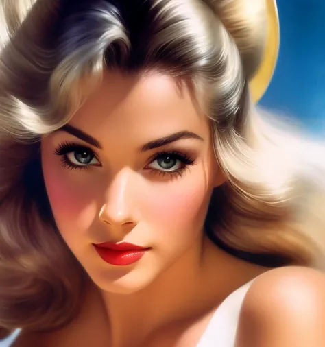 1970s,by Alberto Vargas,(Best quality, work of art), ultra-detailed and delicate portrait of a beautiful and timeless girl,noir woman, sultry eyes, closeup, style of Rolf Armstrong, light and shadow,charge of face,sexy face, beautifull nose, make different...