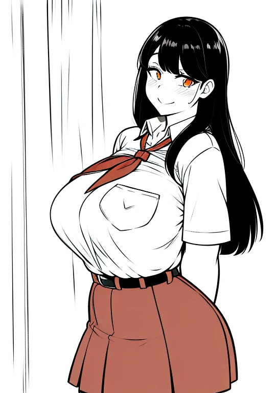 Gigantic breasts, huge breasts, large breasts, wide hips, thick thighs, fat thighs, 1girl, solo, long hair, black hair, straight hair, orange eyes, sweet smile, affectionate, (blush), cute, happy, looking at viewer, pioneer neckerchief, pioneer movement so...