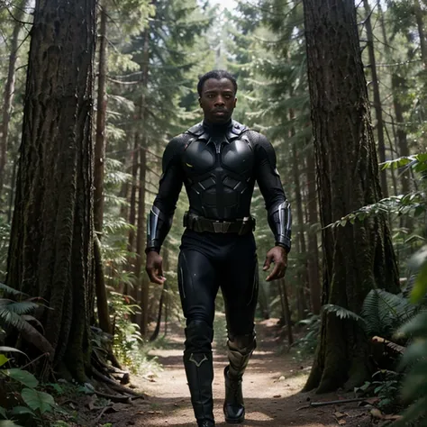 While t&#39;challa with a tactical diver walks through the thick forest 