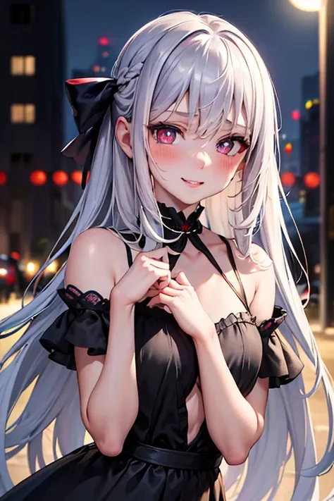 (best quality:1.1), (masterpiece:1.4), (absurdres:1.0),  portrait, close-up,
1girl, low-tied_long_hair, hair ends, very long hair, silver hair, flat chest, blue eyes, black dress, looking at viewer, outdoors, (blush:1.2), city, smile, young, slutty, crimso...