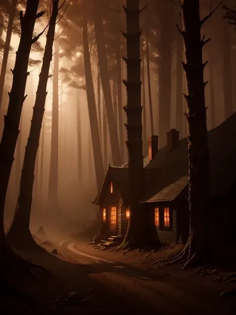 background, no persons, hovel, cottage, in forest, mist,big shadow red eyes betwen trees, dark sepia, shadows, horror scene