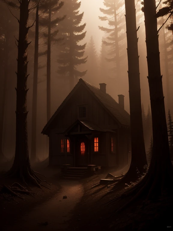 background, no persons, hovel, cottage, in forest, mist,big shadow red eyes betwen trees, dark sepia, shadows, horror scene