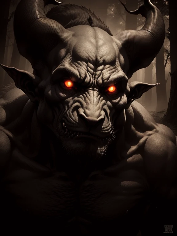 close shot, outdoors, forest, mist, nosferatu zodd  betwen trees, demon form, two big horn, mad, angry, face closeup, shadows, d...