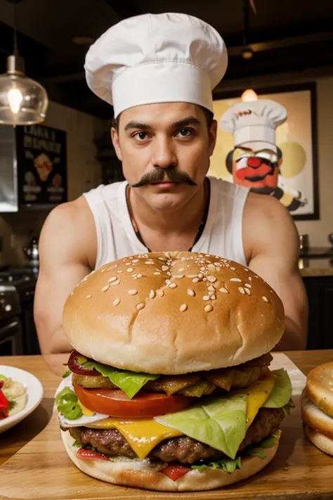 hamburger with legs, strong spotted arms with eyes, mouth and mustache and a chef&#39;s cap