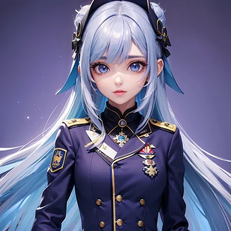 (Menina 2d) (bonita) (ela tem cabelos brancos) (ela tem heterocromia, o olho esquerdo vermelho e o olho direito azul) (corajosa) (foco no rosto) (uniforme militar roxo) 