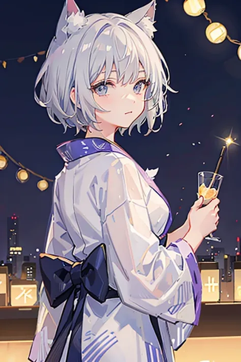 gray hair　short hair　Cat ear　girl　starry sky　yukata　festival