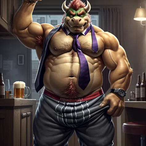 bowser, mammal, abs, alcohol, anthro, beer, beverage, biceps,smirk,obese male, chubby, fat, overweight, blush, body hair, happy trail, (, necktie, pants, loose large boxers, tenting, undressing:1.3),clock,clothing, drunk, muscular, muscular anthro, muscula...