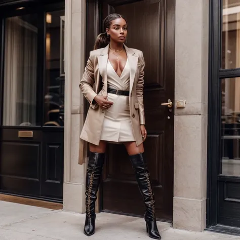 A beautiful brown  melanin woman with perfect hair slicked back in a long pony tail  standing   wearing a beige blazer  dress and  black Givenchy boots (trendy boots)  , detailed image ,Instagram influencer pose,,hyperdetailed, hyper-detailed, UHD, iphone