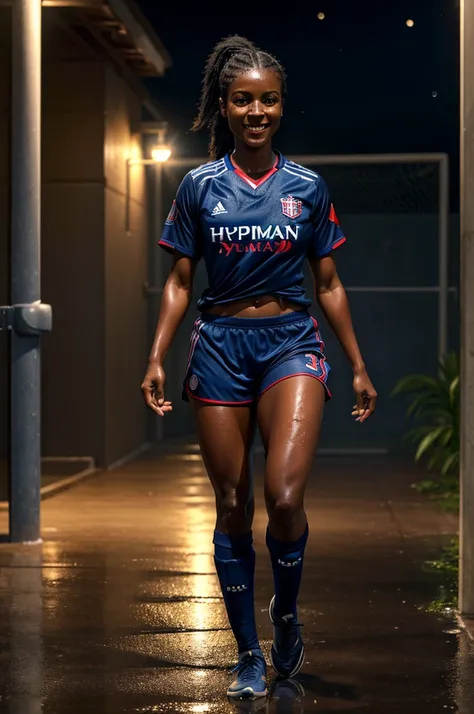 (best quality:1.5), (hyperrealistic:1.5), 32 year old toned haitian woman, messy ponytail short black haired, brown eyed, ebony skin, soaked in sweat, walking inside soccer pitch, night scenery, lights on, dark blue soccer shirt, red soccer shorts, dark bl...