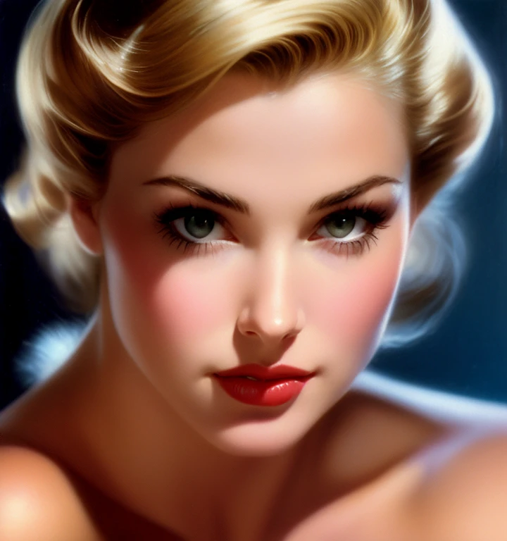 1970s,by Alberto Vargas,(Best quality, work of art), ultra-detailed and delicate portrait of a beautiful and timeless girl,noir woman, sultry eyes, closeup, style of Rolf Armstrong, light and shadow,charge of face,sexy face, beautifull nose, make different...