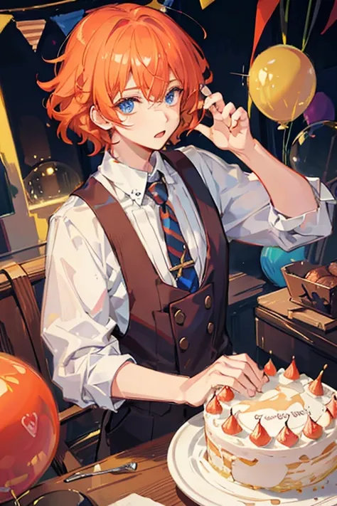 orange hair　short hair　perm　drooping eyes　blue eyes　Handsome guy　boy　birthday　cake　joy
