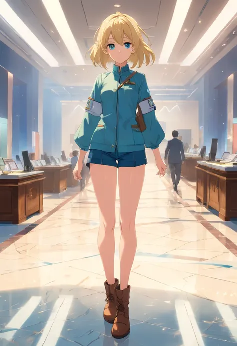 17 year old blonde woman, ojos azules, el pelo cortado en melena, le cubre una parte de la cara, delgada, vestida con traje militar prusiano y botas largas, standing on a shiny floor in a marble room