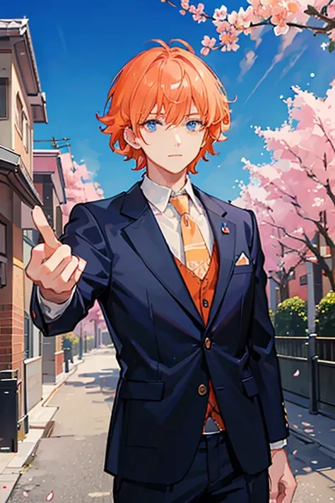 orange hair　short hair　perm　drooping eyes　blue eyes　Handsome guy　boy　cherry blossoms　Entrance ceremony　navy blue blazer