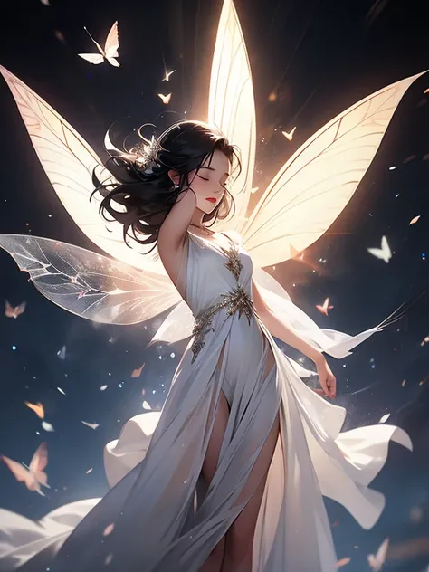 Closed eyes, black hair, fairy, white dress