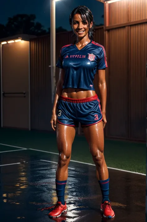 (best quality:1.5), (hyperrealistic:1.5), 32 year old toned paraguayan woman, messy short black haired, brown eyed, fair tanned skin, wet hair, soaked in sweat, standing inside soccer pitch scenery, night scenery, lights on, dark blue soccer shirt, red soc...