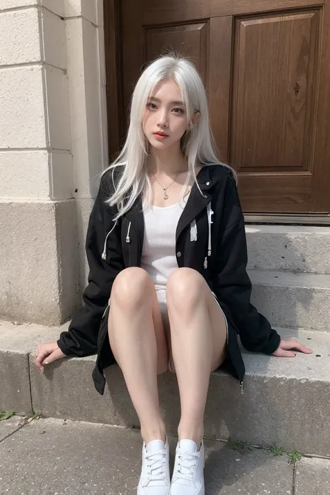 21yo girl, white hair, sitting on the beatch 