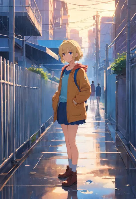 17 year old blonde woman, pelo cortado en melena, le cubre una parte de la cara, ojos azules, delgada, vestida con abrigo abierto, sweter de lana blanco y falda escocesa, con botas de montar, standing in front of a metal fence and the floor with rain puddl...