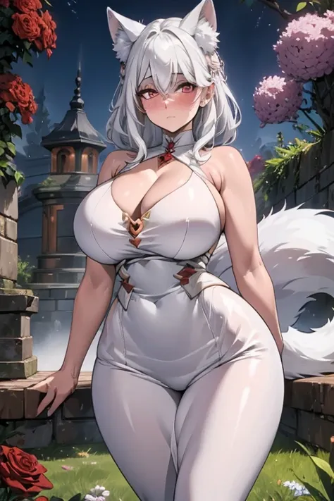 a white haired woman with copper eyes and white fox ears and a white fox tail with an hourglass figure is blushing with  a rose in the garden
