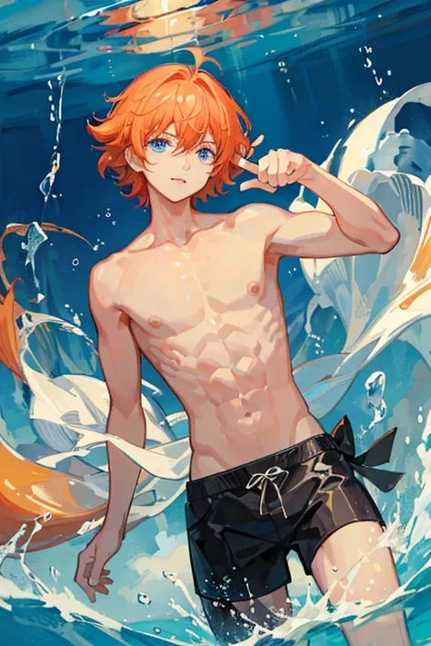 orange hair　short hair　perm　drooping eyes　blue eyes　Handsome guy　boy　　sea bread　Swim in the deep sea　fantastic light