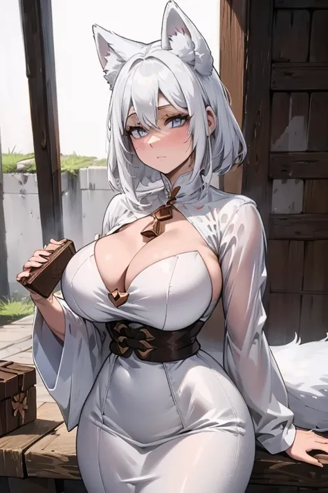 a white haired woman with copper eyes and white fox ears and a white fox tail with an hourglass figure is holding a box of chocolate
