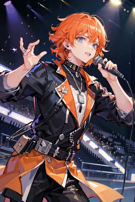 orange hair　short hair　perm　drooping eyes　blue eyes　Handsome guy　boy　microphone　concert　earphone