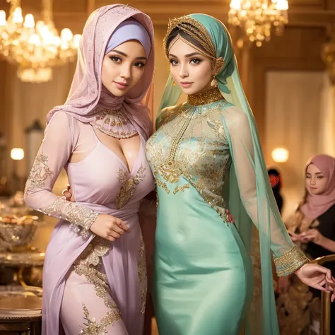 half body, beautiful muslimah girls, wearing traditional transparent silk kebaya, a couple, ultra-detailed, detailed faces, detailed skins, 8k masterpieces, cinematic lighting, perfect round bosom, voluptuous bosom, slim and slender body, long hijab, eid m...