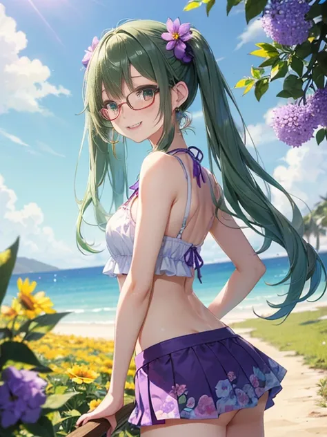 Glasses、小さなgirl、The arrival of spring、big butt、 (alone:1.5,)Super detailed,bright colors, very beautiful detailed anime face and eyes, look straight, ;d, shiny_skin,girl, (Green Long Hair,Inner color is red 、forehead is exposed.、shiny hair, delicate beauti...