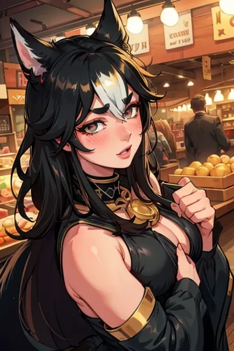 a handsome black haired man with golden eyes with black fox ears and a black fox tail is blushing in the marketplace