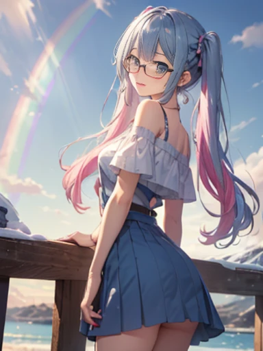 Take a photo from the front、snow country、The arrival of winter、big butt、 (alone:1.5,)Super detailed,bright colors, very beautiful detailed anime face and eyes, look straight, ;d, shiny_skin,girl, (((rainbow colored hair, colorful hair, Half blue、半分はpinkの髪:...