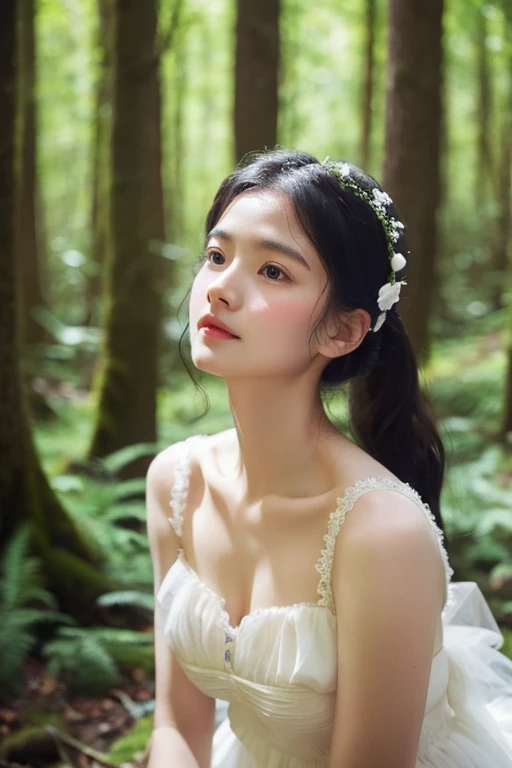 Snow White dress、Fair skin、delicate、in the forest