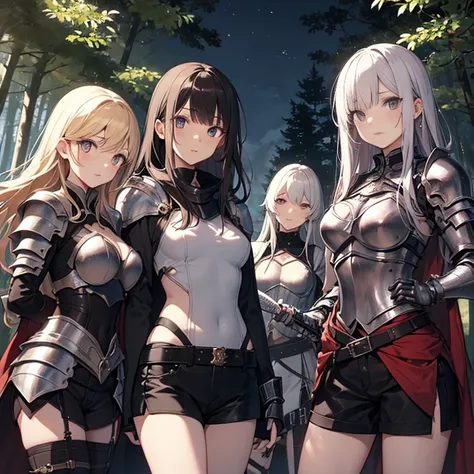 A group of  female knight, (in forest), various hair styles, harem, wearing armored clothes, metal armor, night, details face, , shorts, seducing, sword,  